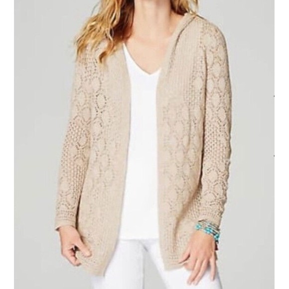 J. Jill Sweaters - J.Jill Open Front Knit Crochet Hooded Cardigan Sweater Size Medium Sand Beige